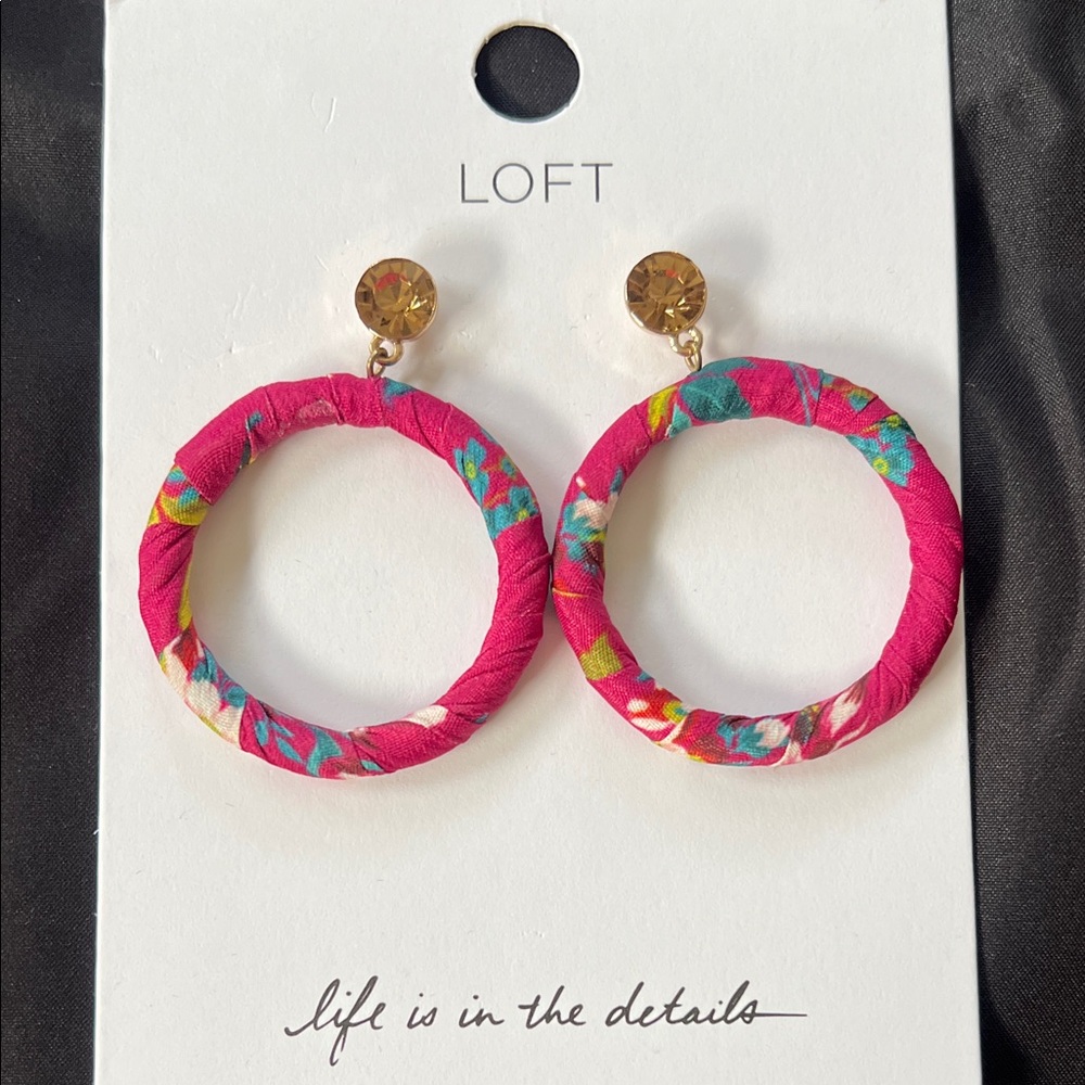 LOFT Vibrant Pink and Gold Fabric Hoop Earrings